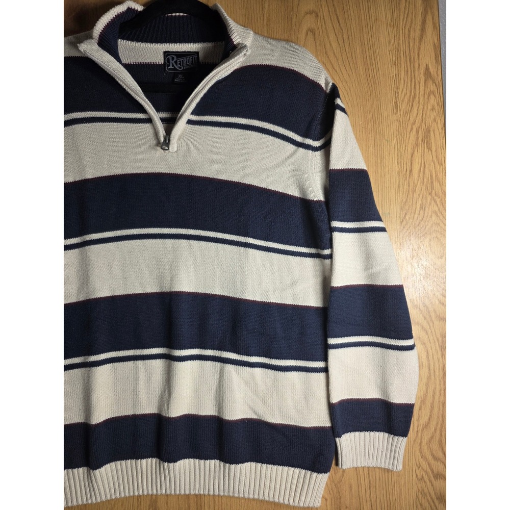 Retrofit Mens XL 1/4 Zip Sweater Navy Blue Cream Striped Mock Neck Knit Pullover